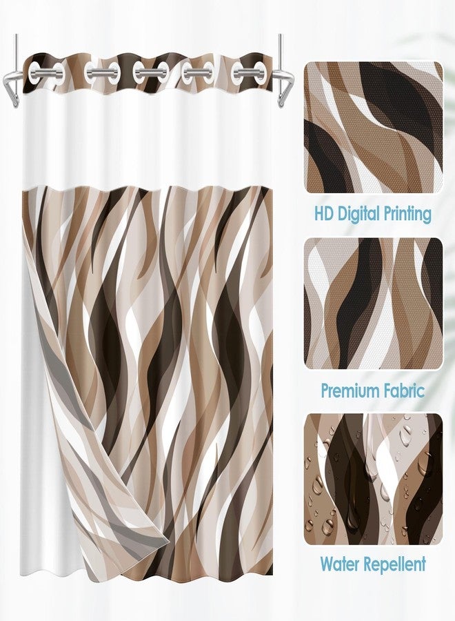 Nesphy No Hook Brown Shower Curtain with Snap in Fabric Liner Set, Modern Abstract Striped Double Layers Waterproof Fabric with See Through Top Window Open Grommet Bath Curtain 71x74 Inch - Image 5